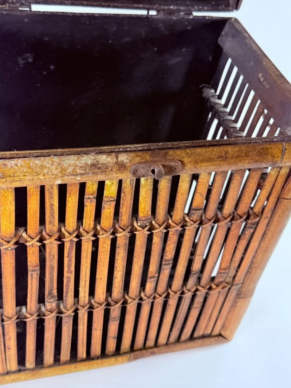 Bamboo & Wood Lattice Storage Box W/Hinged Lid Metal Clasp Wall Clips 14 in Tall
